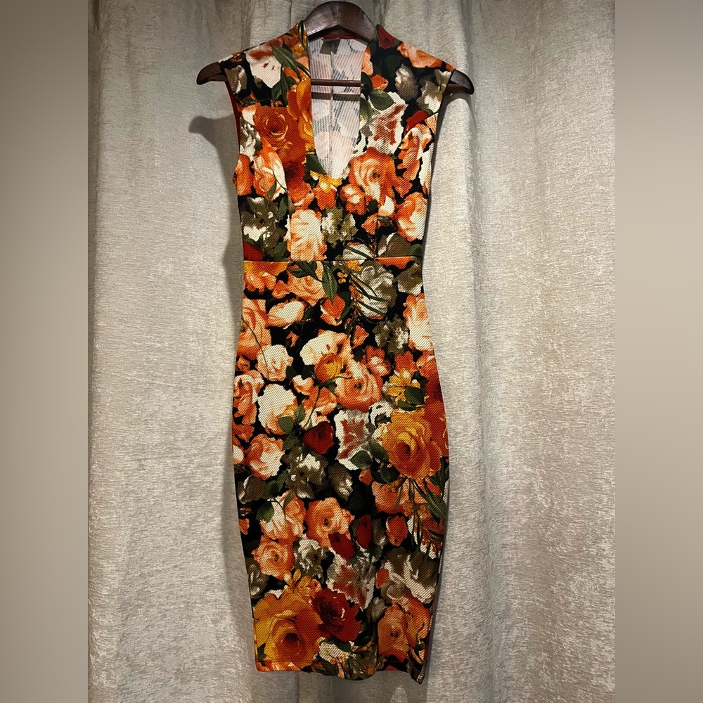 Privy Orange Floral Stretchy Bodycon Midi Dress S